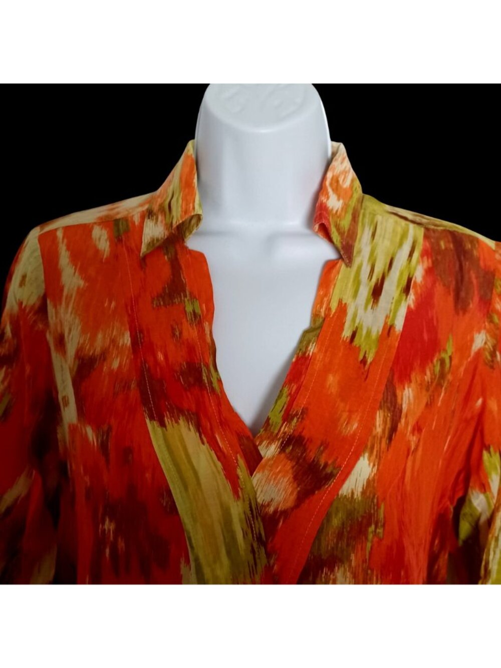 Talbots Tunic Blouse Cotton Silk Abstract Watercolor Orange Green V-Neck Wms 10P - Picture 2 of 11